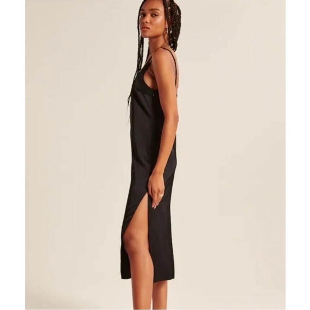 Abercrombie & Fitch Satin Sleeveless Scoopneck Slit Midi Slip Dress Black Large - Picture 3 of 12